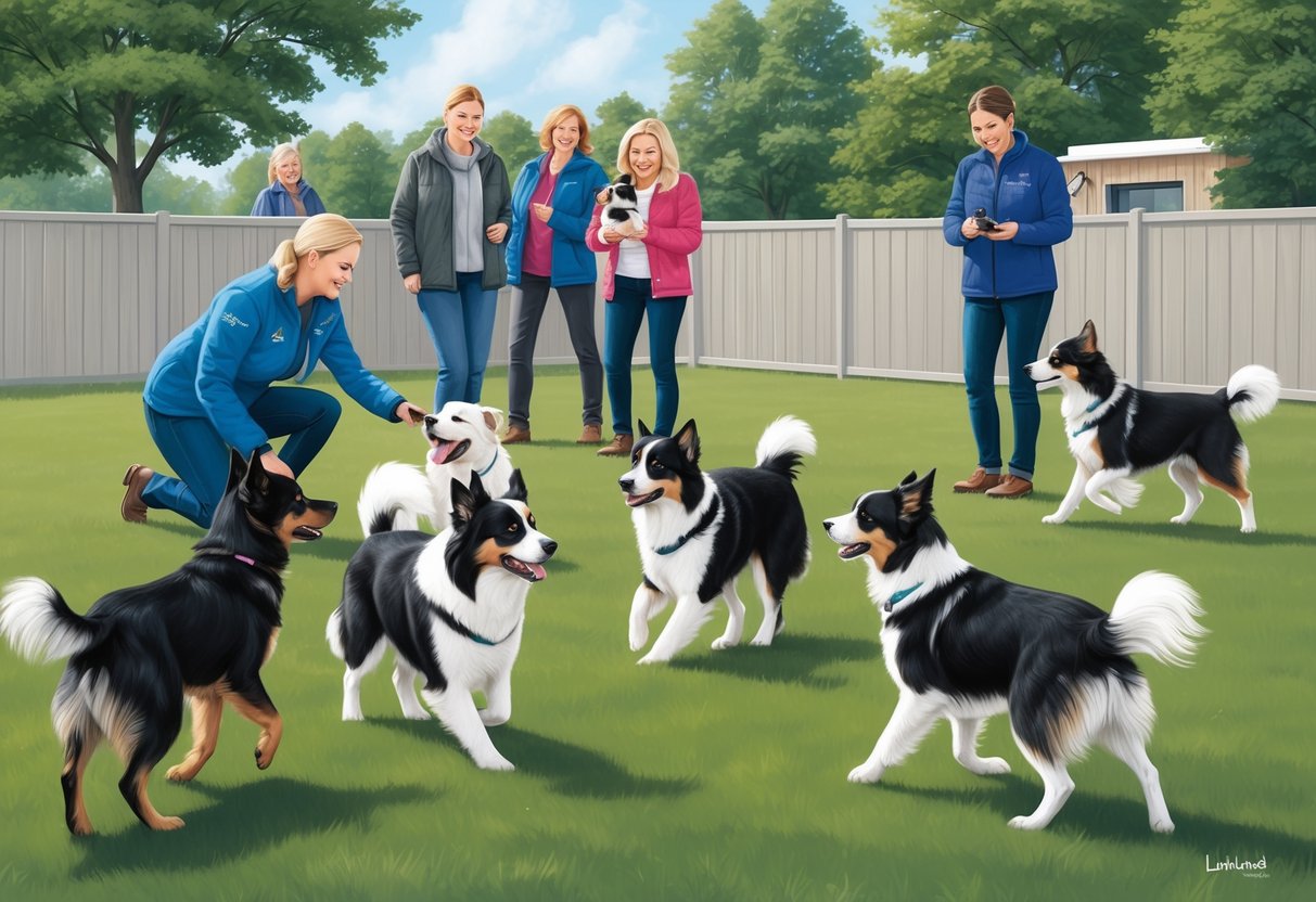 A group of Norwegian Lundehund dogs play in a spacious outdoor enclosure, while breeders and potential adopters observe and interact with the dogs