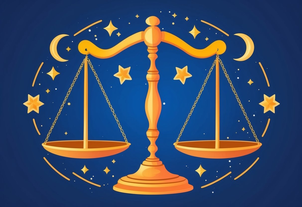 Two interlocking scales surrounded by stars and celestial symbols, representing the compatibility between Leo and Libra