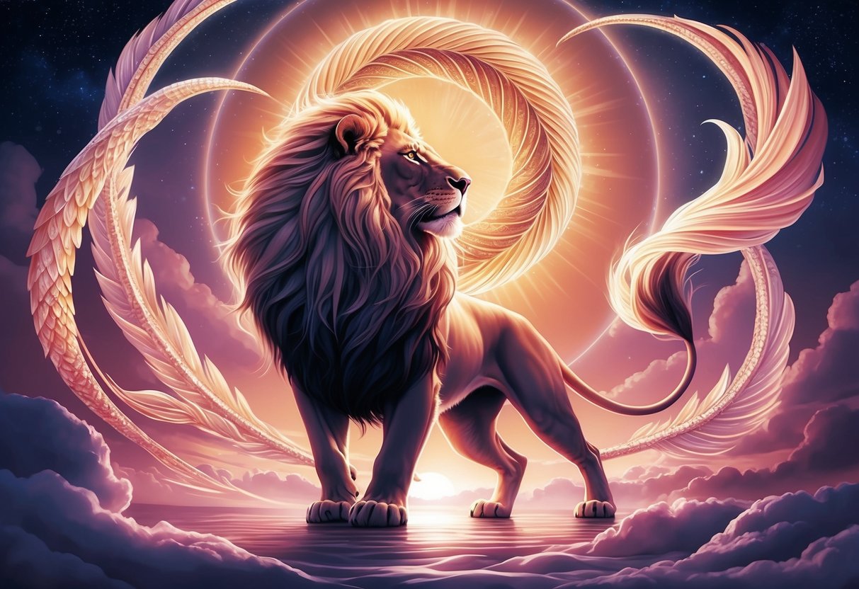 A majestic lion and graceful scales entwined in a celestial dance, radiating harmony and passion