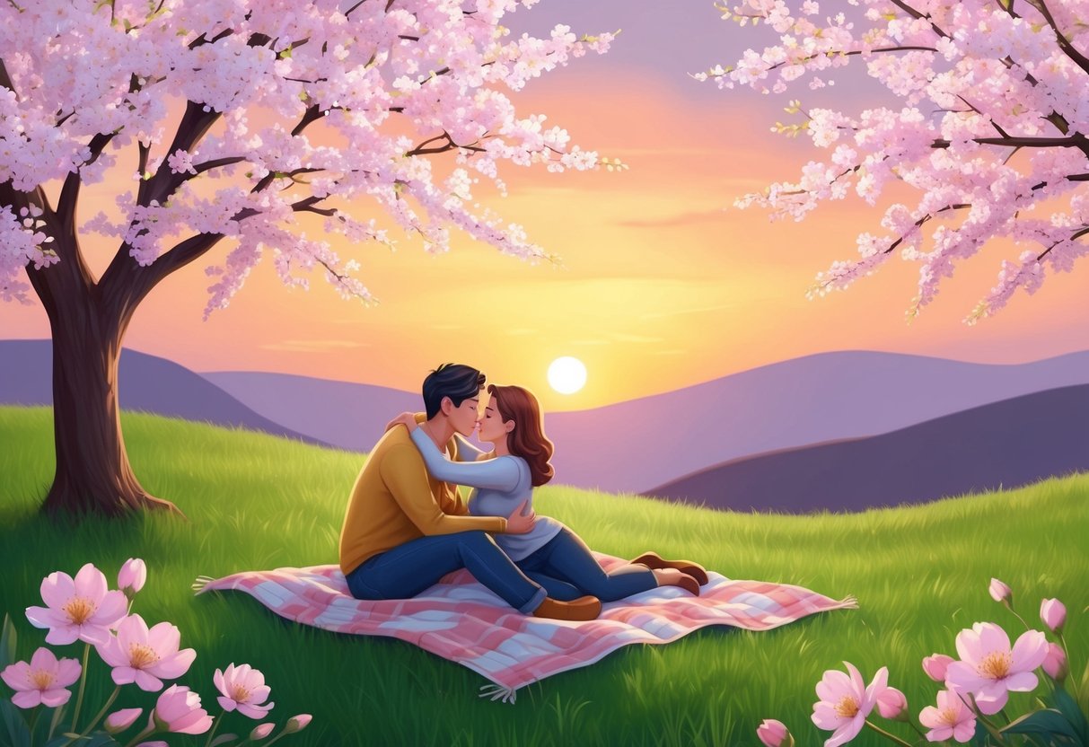 A sunset picnic on a grassy hill, with a blanket spread out under a blooming cherry blossom tree. A Leo and Libra are sharing a warm embrace, surrounded by soft, pastel-colored flowers