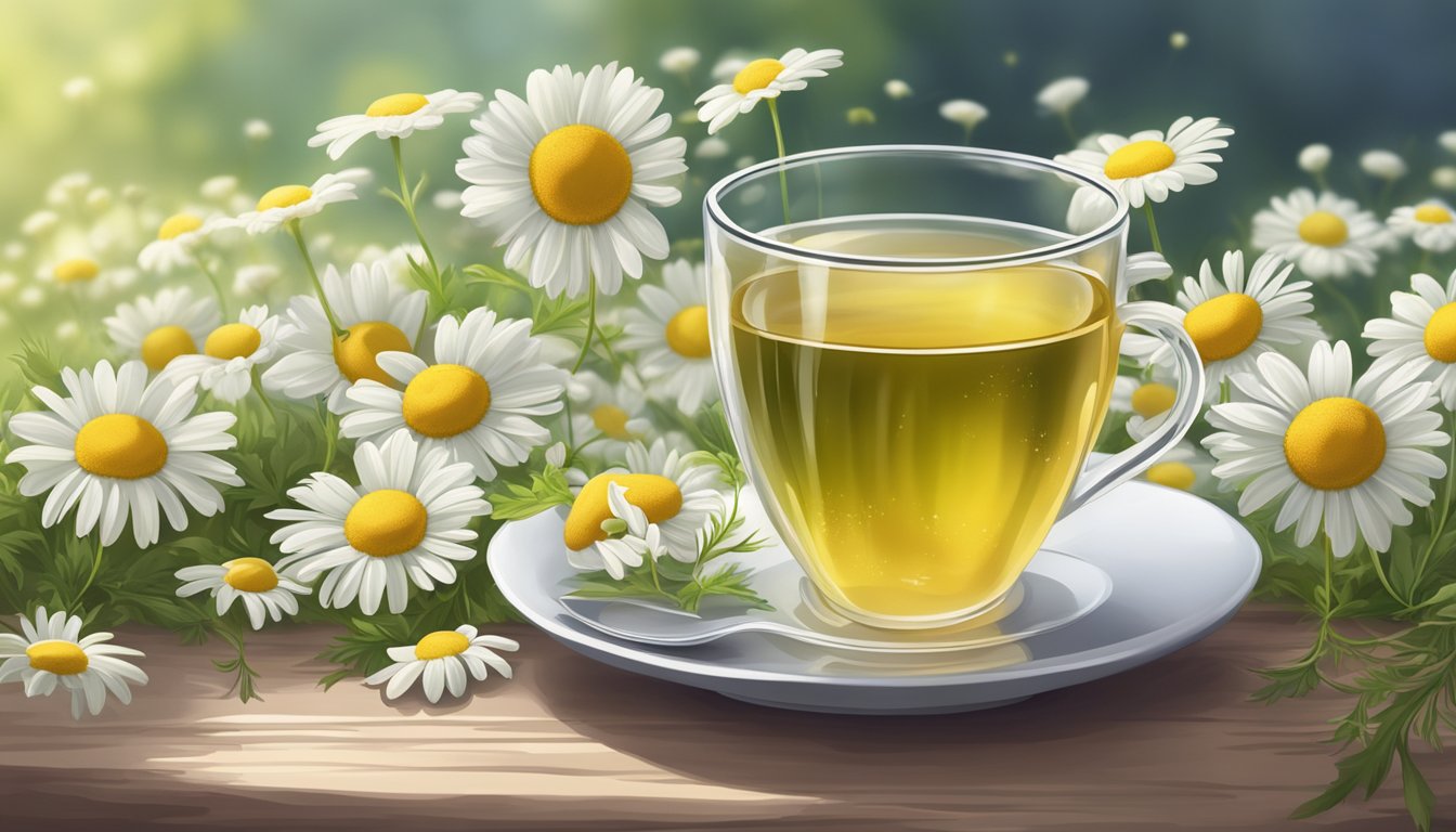 A soothing cup of chamomile tea surrounded by fresh chamomile flowers and a backdrop of a calm and peaceful setting