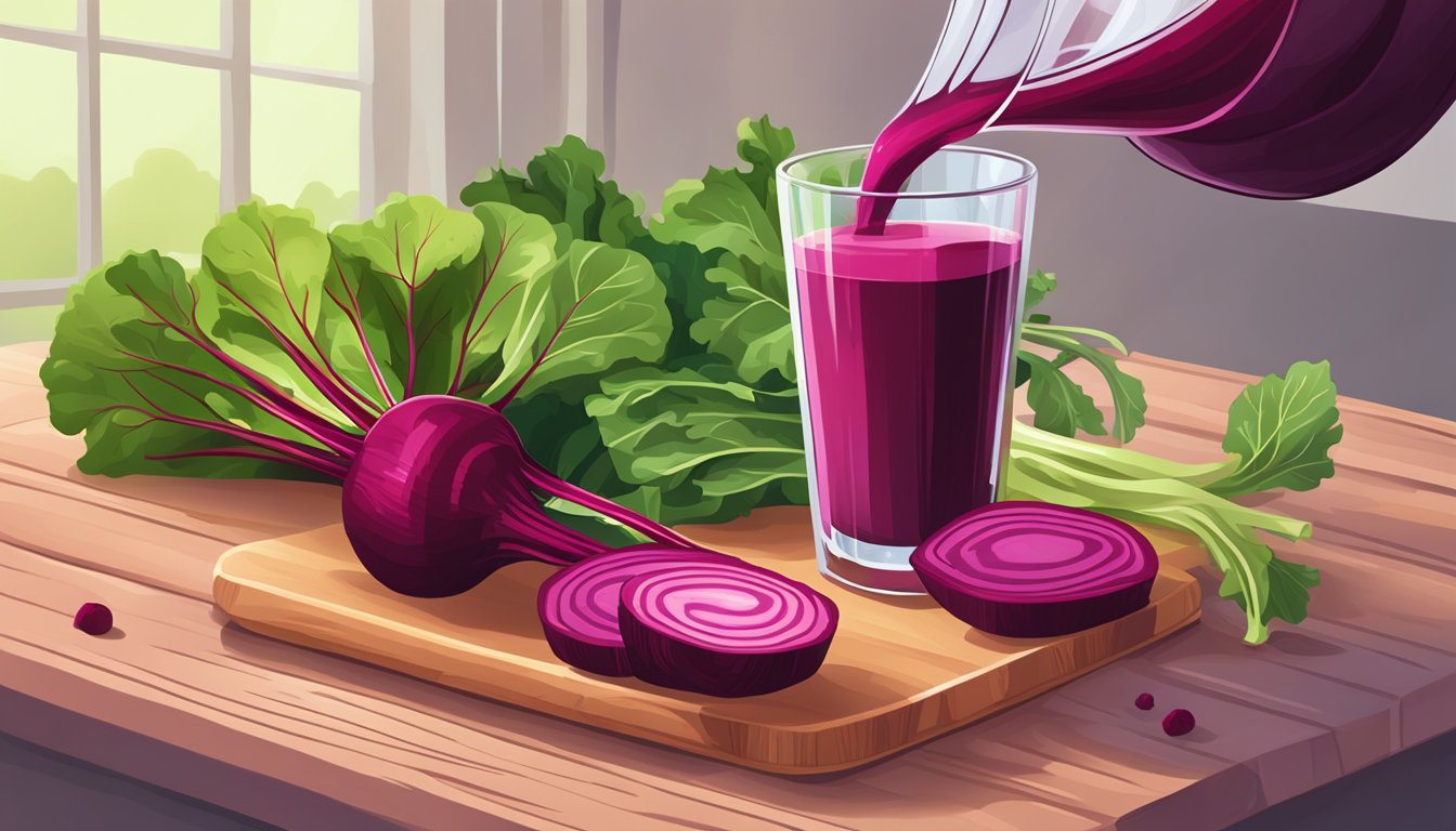 A vibrant beet juice being poured into a clear glass, surrounded by fresh beets and leafy greens on a wooden cutting board