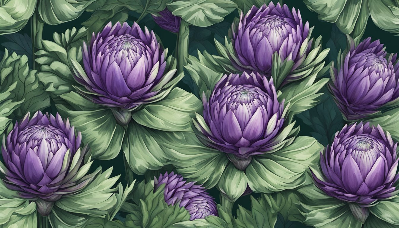 A vibrant artichoke plant with large, green leaves and a few purple-hued artichokes growing at the base, surrounded by other leafy green plants