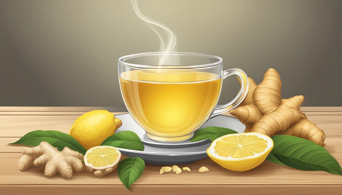 A steaming cup of ginger tea surrounded by fresh ginger root, turmeric, and lemons on a wooden table