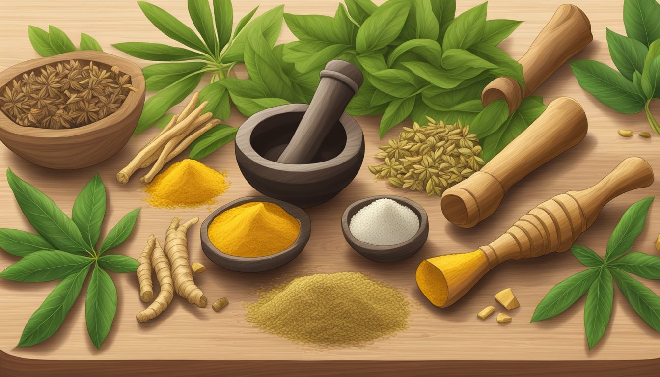 A collection of licorice root, turmeric, and ginger displayed on a wooden cutting board, surrounded by vibrant green leaves and a mortar and pestle