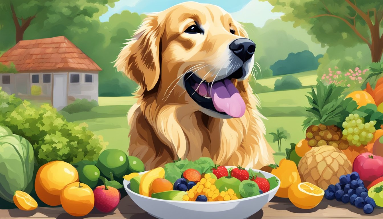 A golden retriever happily eating from a bowl filled with colorful fruits, vegetables, and other natural healing foods, surrounded by a peaceful and serene garden setting