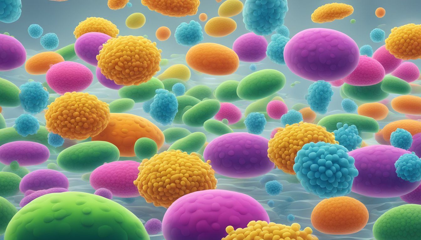 A group of colorful, friendly bacteria floating in a clear, vibrant environment, surrounded by a protective barrier