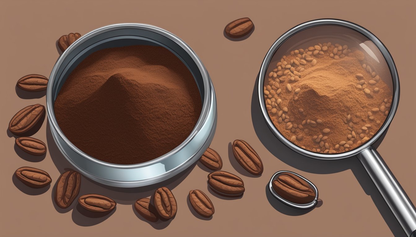 A pile of raw cacao beans and cocoa powder side by side, with a magnifying glass highlighting their magnesium content