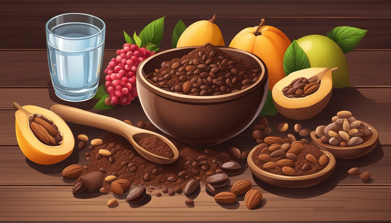 A pile of raw cacao beans and cocoa powder surrounded by various fruits and nuts, with a measuring spoon and a glass of water on a wooden table