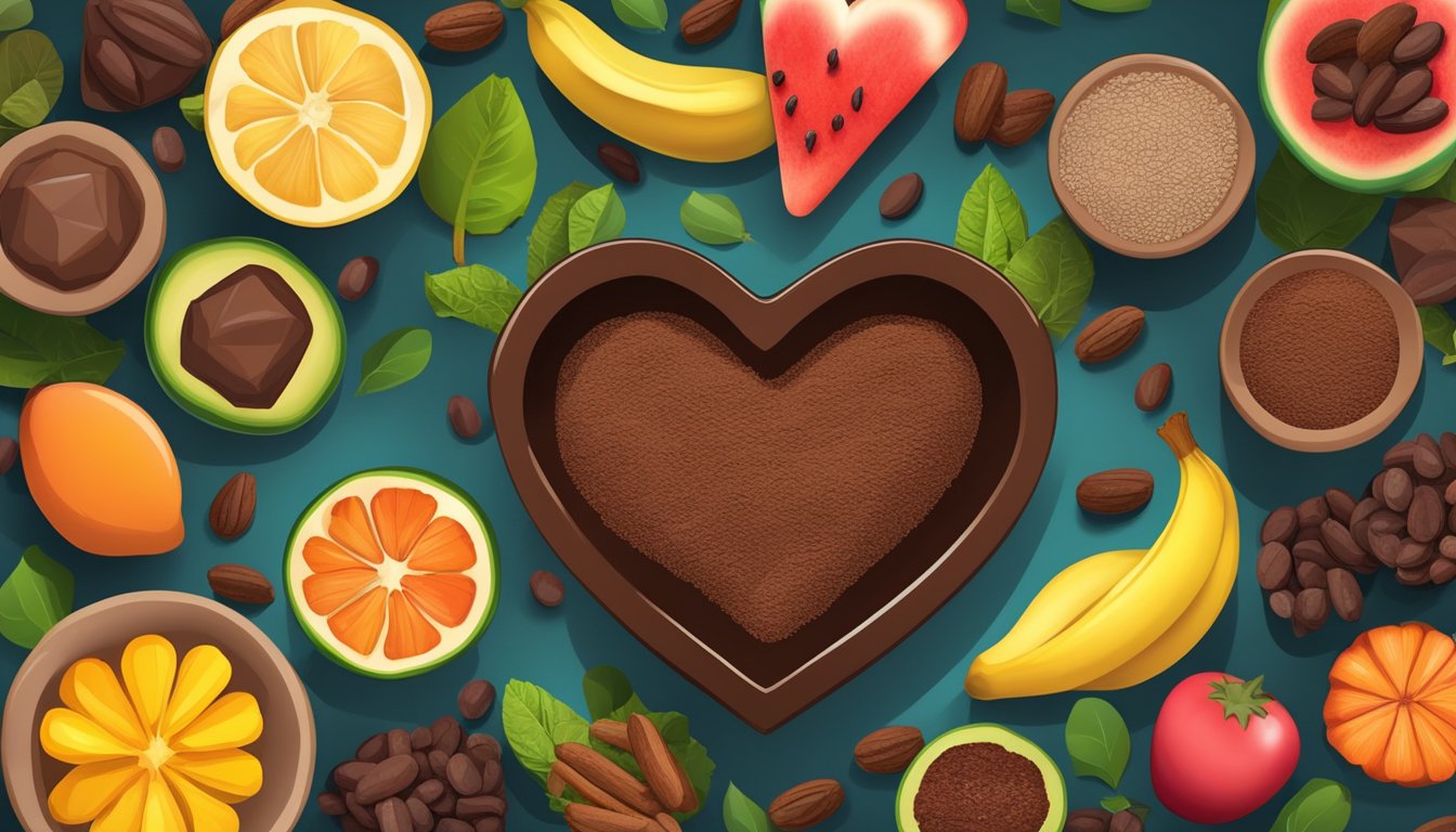 A table with a spread of raw cacao beans and cocoa powder, surrounded by vibrant fruits and vegetables, with a heart-shaped bowl filled with the two ingredients at the center