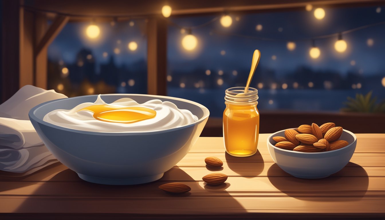 A bowl of Greek yogurt topped with honey and almonds sits on a wooden table, surrounded by a dimly lit room, creating a cozy late-night snack scene