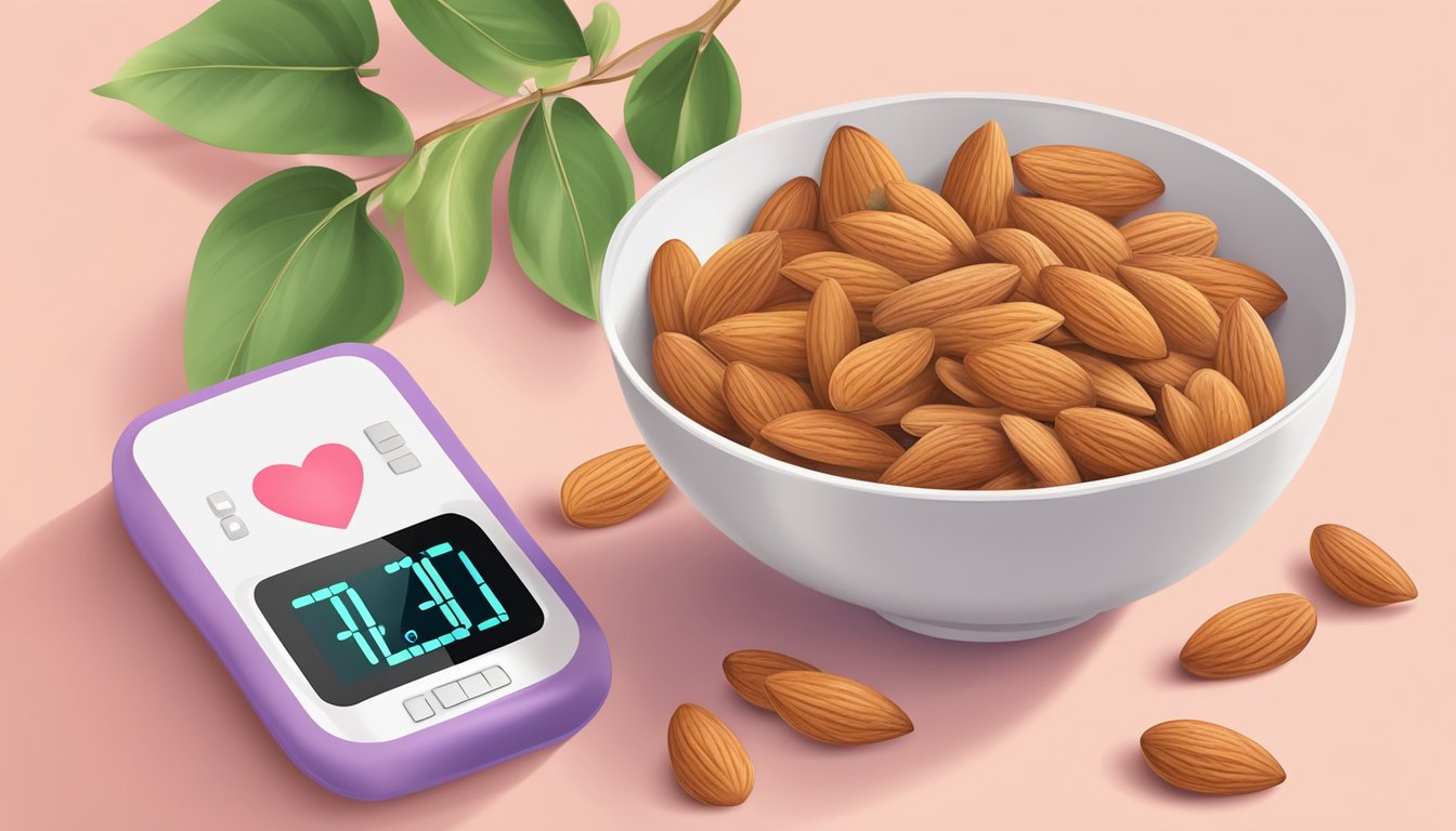 A bowl of almonds surrounded by heart-shaped leaves and a ribbon, with a heart rate monitor in the background