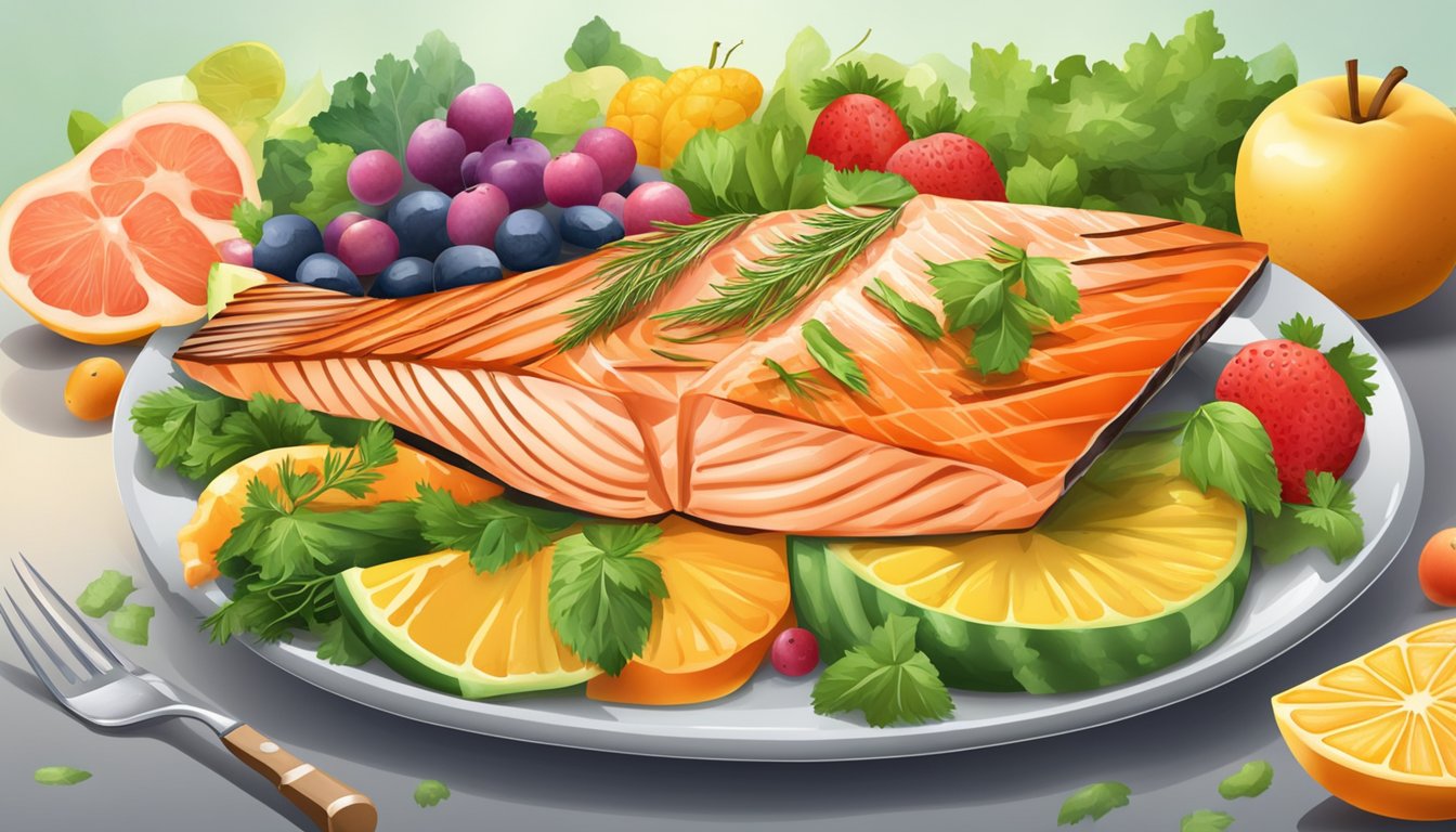 A plate of grilled salmon surrounded by colorful fruits and vegetables