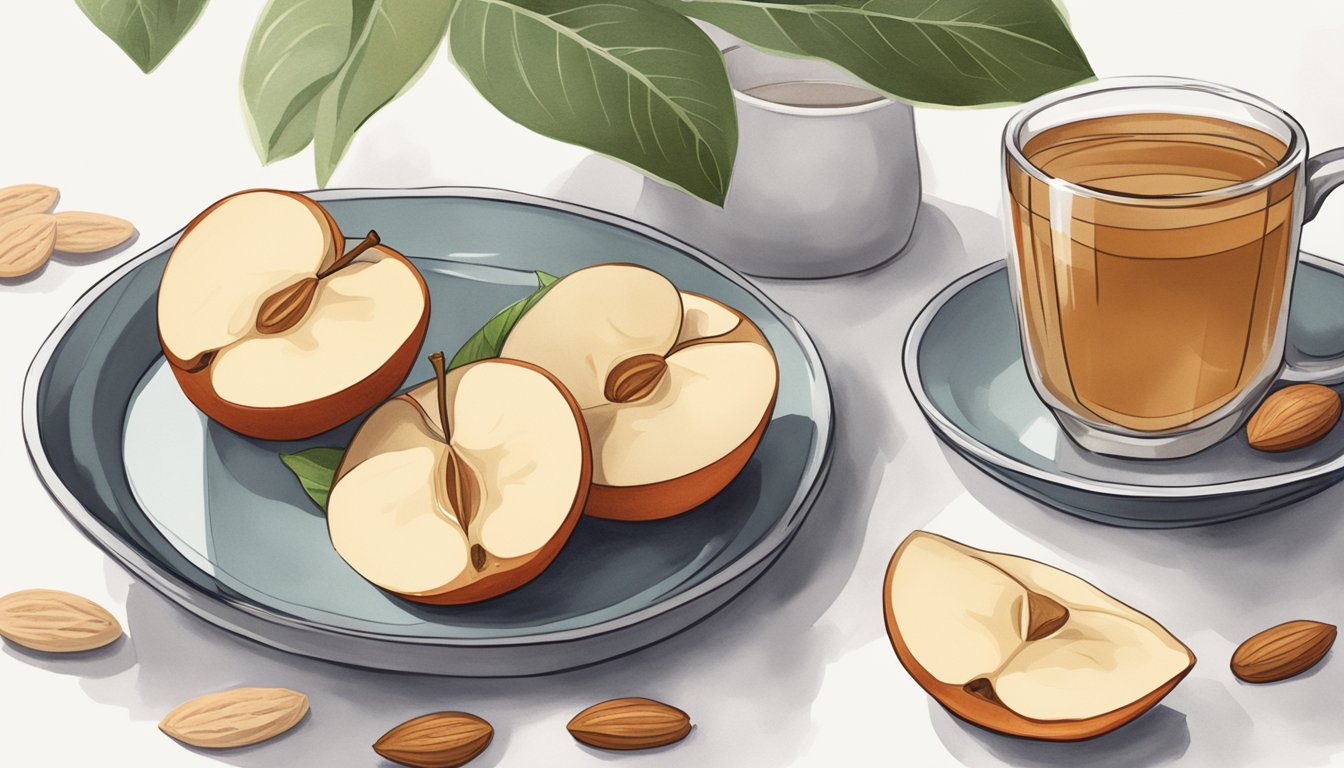 Apple slices topped with almond butter sit on a plate next to a cup of herbal tea, set on a cozy nightstand