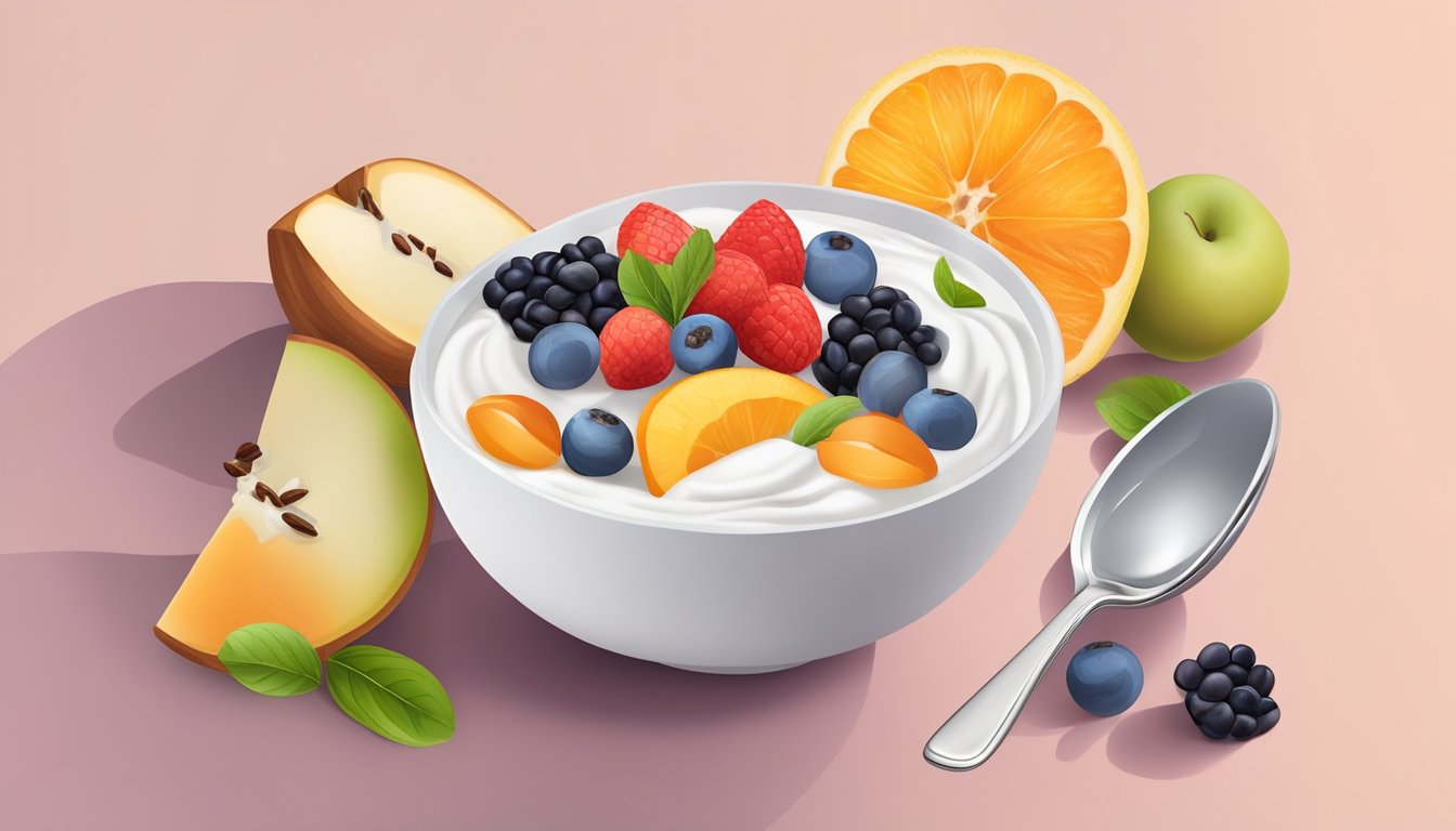 A bowl of Greek yogurt surrounded by colorful fruits and nuts, with a small spoon next to it