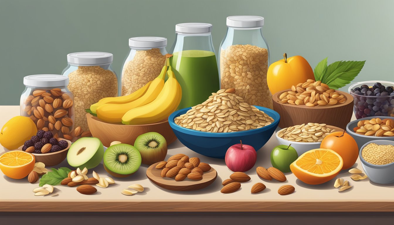 A colorful array of nutrient-dense foods, including oats, fruits, and nuts, arranged on a table