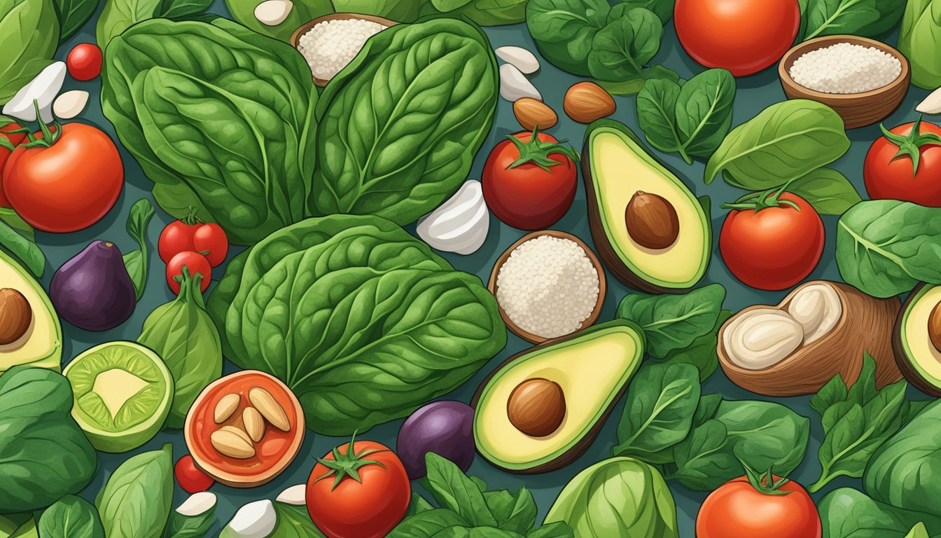 A vibrant bunch of spinach leaves surrounded by other heart-healthy foods like avocados, tomatoes, and almonds