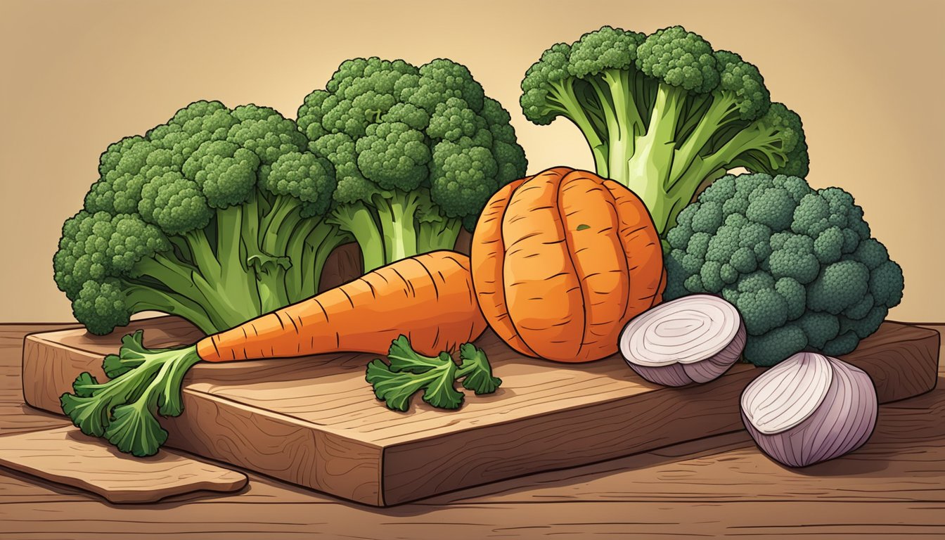 A colorful pile of broccoli, carrots, and sweet potatoes on a wooden cutting board