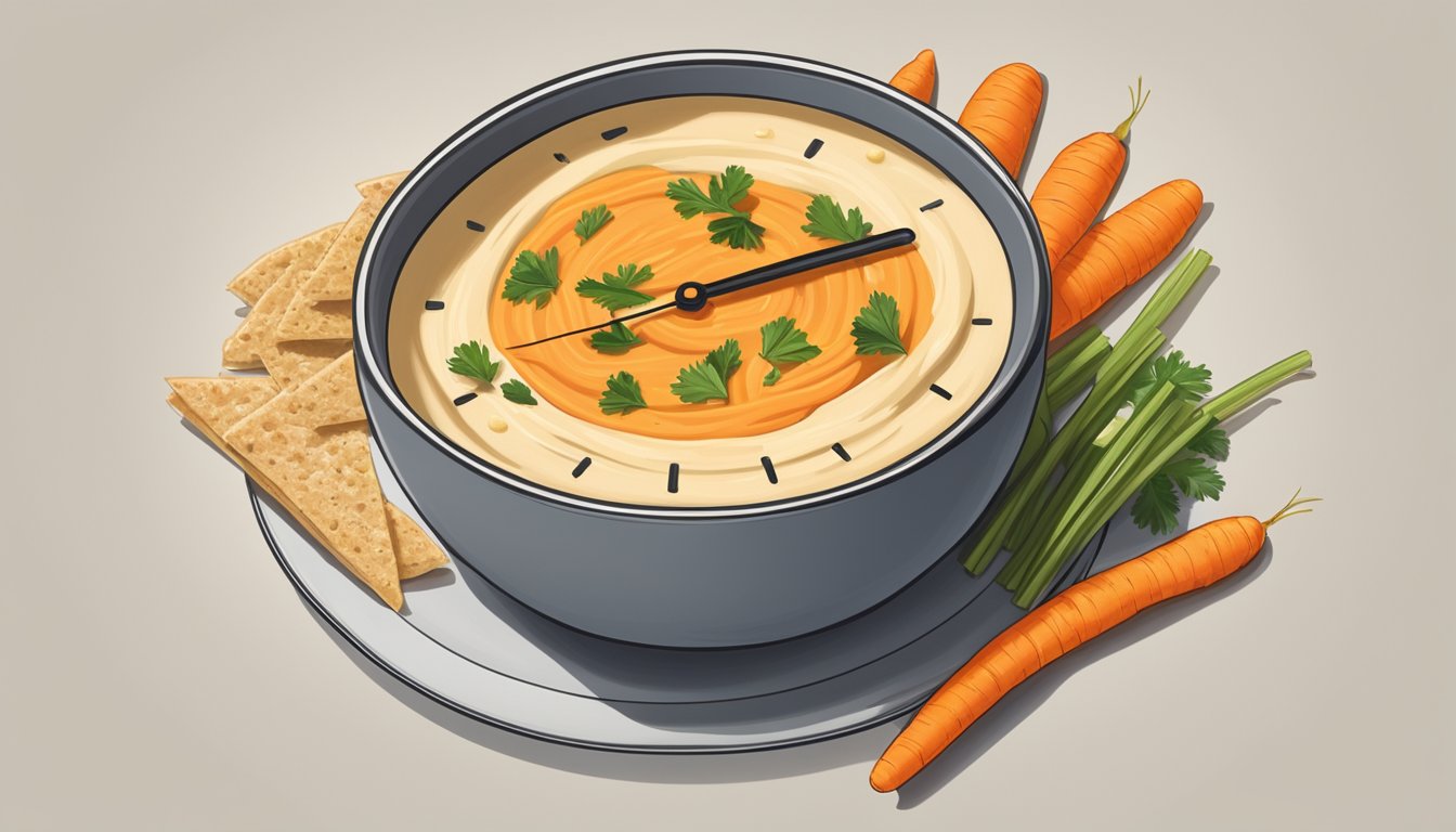 A bowl of hummus surrounded by carrot sticks, with a dimly lit clock showing the time past 9 pm in the background