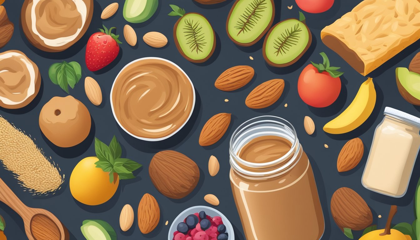 A jar of almond butter surrounded by an assortment of nutrient-dense foods, such as fruits, vegetables, and whole grains, on a kitchen countertop