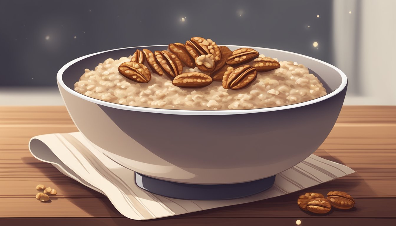 A cozy bowl of oatmeal topped with walnuts and a sprinkle of cinnamon, sitting on a wooden table in soft lighting