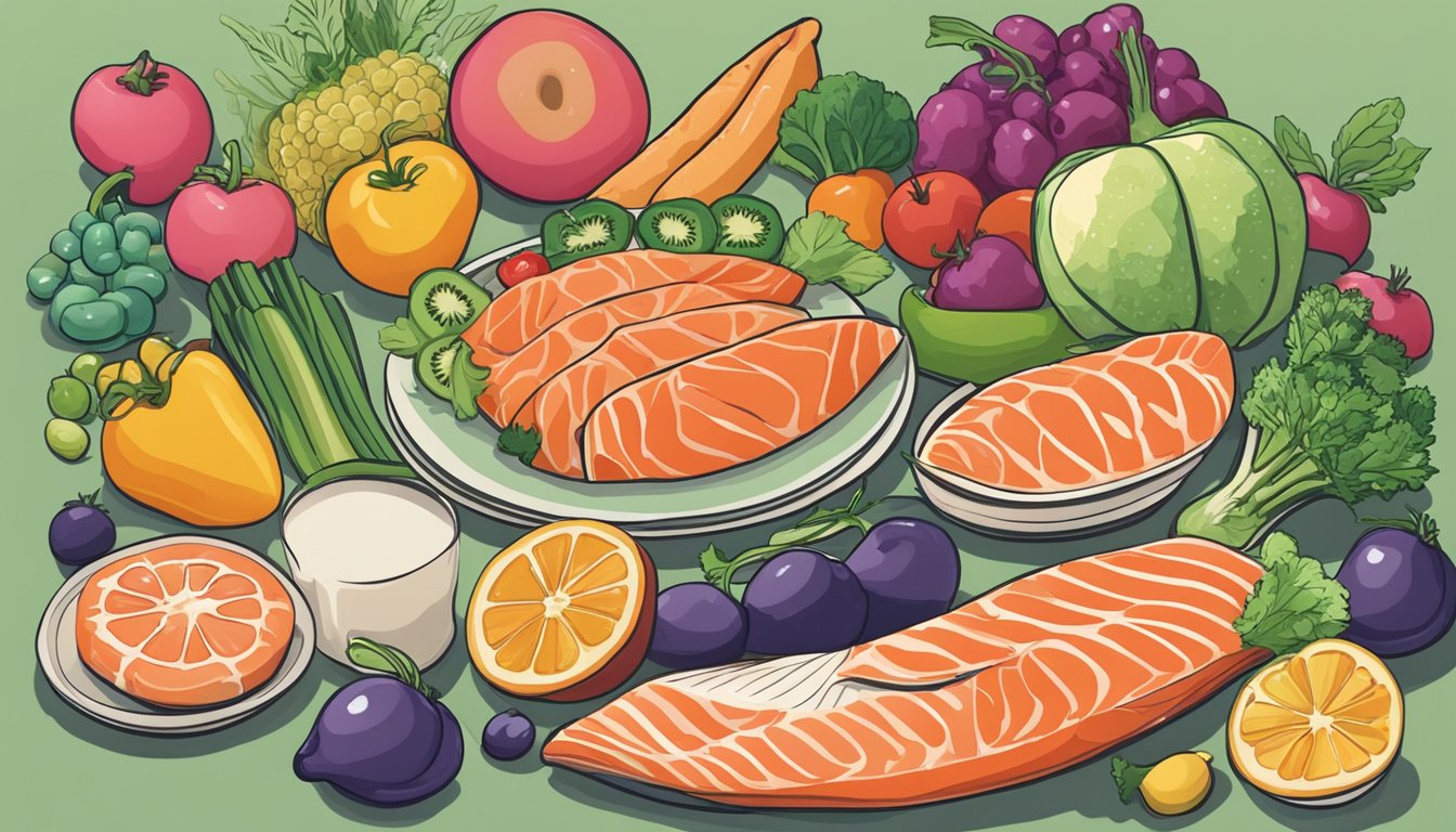 A colorful array of salmon, fruits, and vegetables arranged on a plate, showcasing a variety of healthy, nutrient-dense foods for toddlers