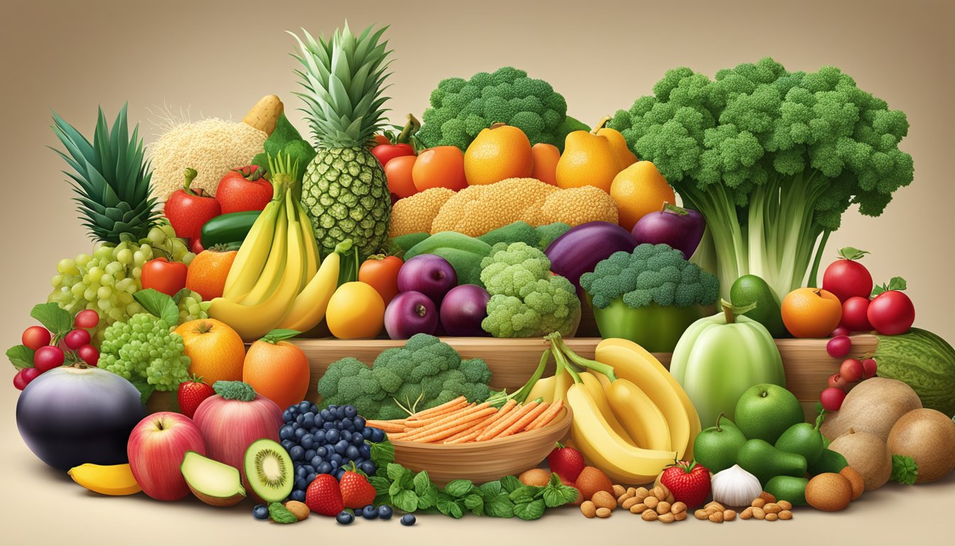 A colorful array of fruits, vegetables, grains, and proteins arranged in a balanced and appealing display