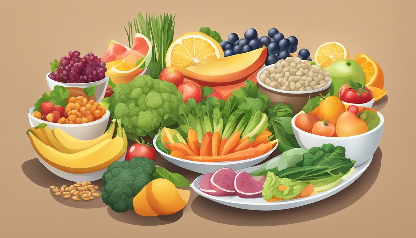 A colorful plate filled with a variety of nutrient-dense foods, such as fruits, vegetables, whole grains, and lean proteins, arranged in a balanced and appealing manner