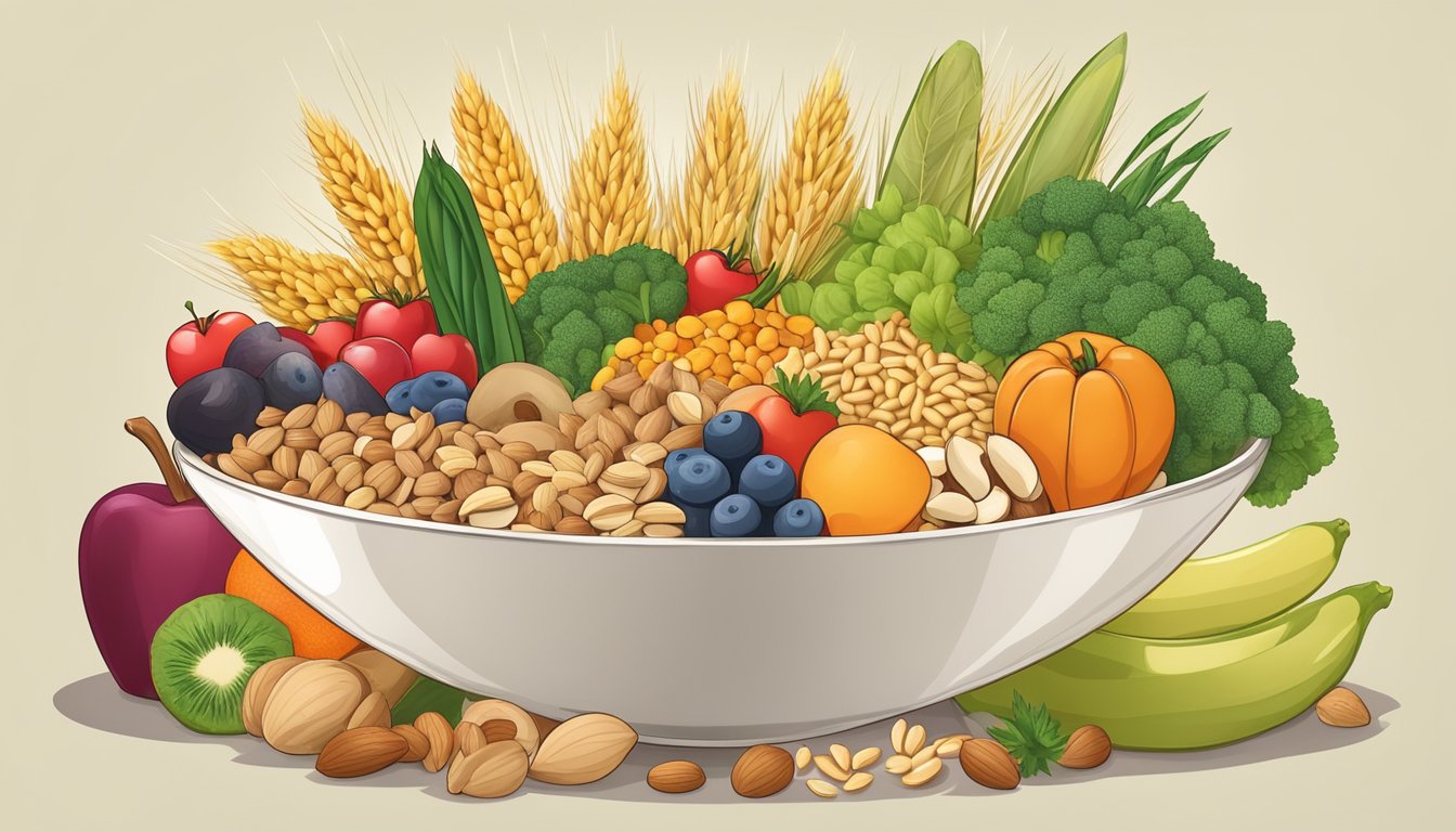 A bowl of barley surrounded by heart-healthy foods like nuts, fruits, and vegetables, with a heart symbol in the background