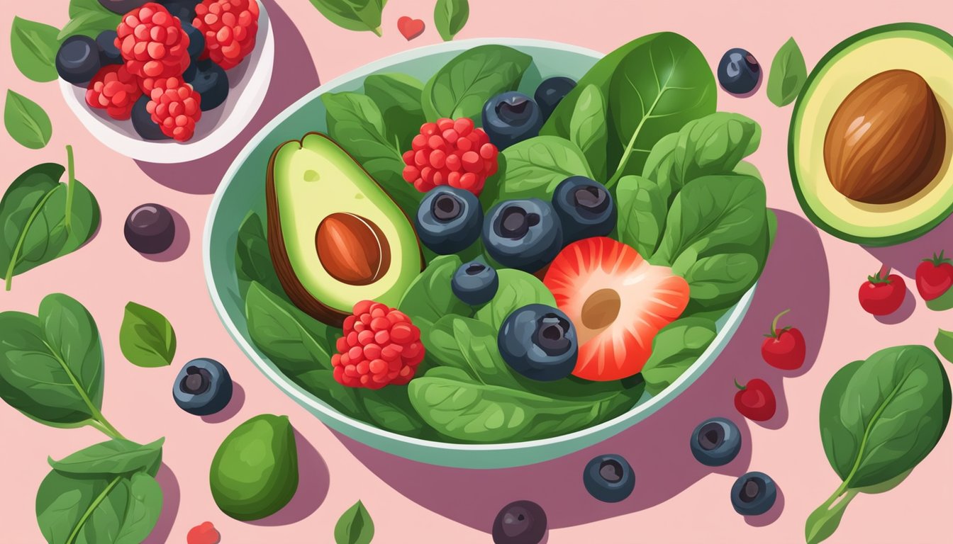 A bowl of fresh spinach surrounded by other heart-healthy foods like avocado, nuts, and berries, with a vibrant background of green and red hues