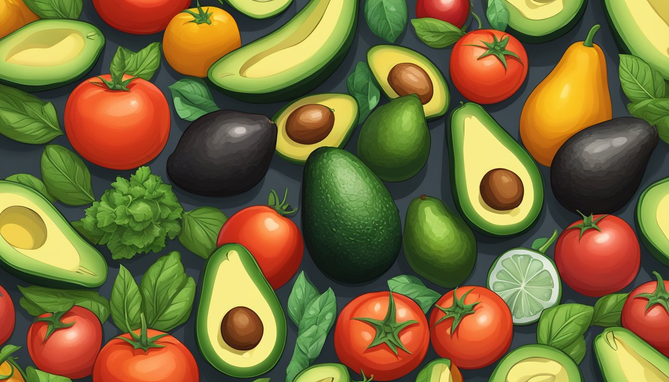 A colorful array of avocados, tomatoes, and leafy greens arranged on a wooden cutting board