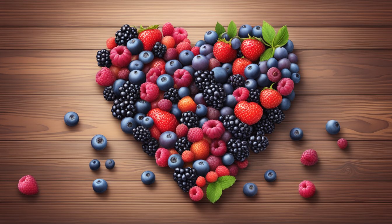 A colorful assortment of ripe berries arranged in a heart shape on a wooden table