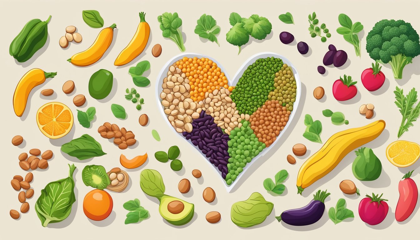 A colorful array of beans, lentils, and chickpeas arranged in a heart shape, surrounded by fresh vegetables and fruits