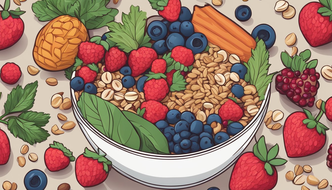 A bowl filled with assorted berries surrounded by heart-healthy foods like oats, nuts, and leafy greens