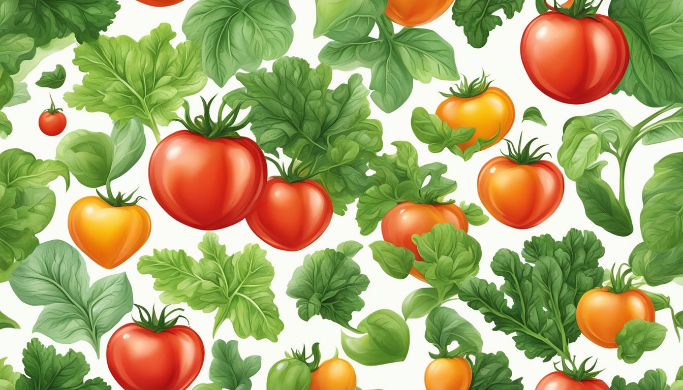 Ripe tomatoes surrounded by leafy greens and a heart symbol