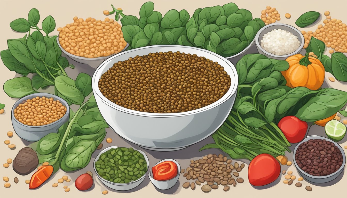 A bowl of lentils surrounded by spinach and other iron-rich foods, with a vibrant red blood drop symbolizing improved blood health