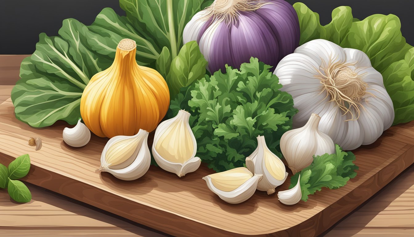 A colorful array of garlic bulbs, ginger, citrus fruits, and leafy greens arranged on a wooden cutting board