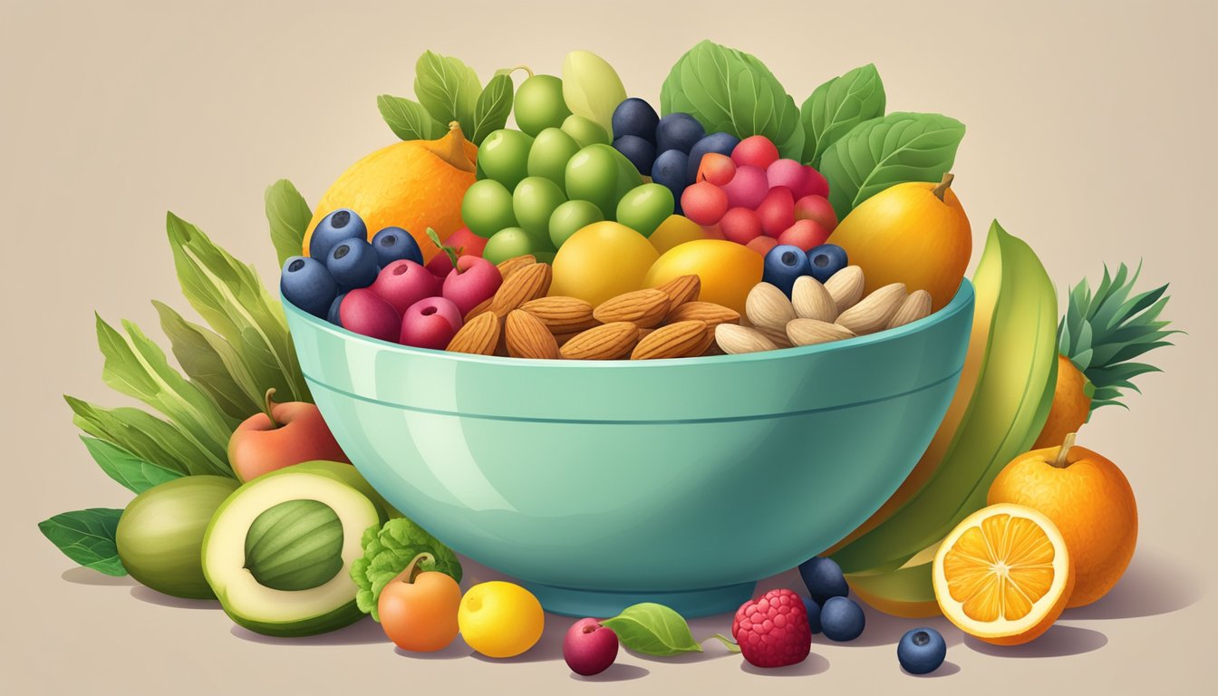 A bowl of almonds surrounded by vibrant fruits and vegetables, symbolizing a healthy and immune-boosting diet