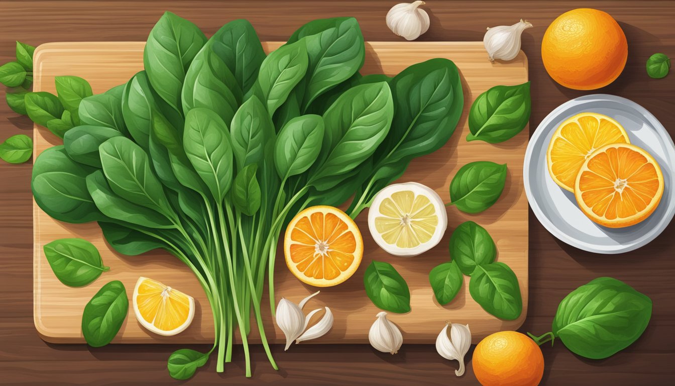 A colorful array of fresh spinach, oranges, and garlic on a wooden cutting board, surrounded by vibrant green leaves and citrus slices