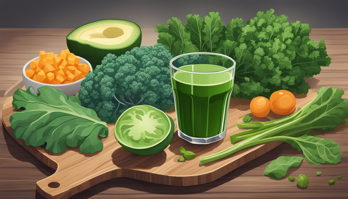 A colorful array of kale, spinach, and other iron-rich foods arranged on a wooden cutting board. A glass of fresh green juice sits next to the plate