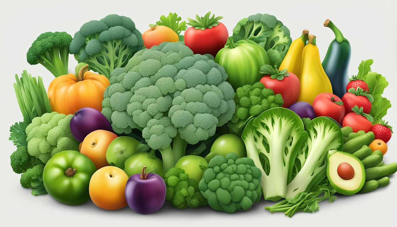 Fresh green broccoli surrounded by vibrant fruits and vegetables, symbolizing nature's defense against viral infections