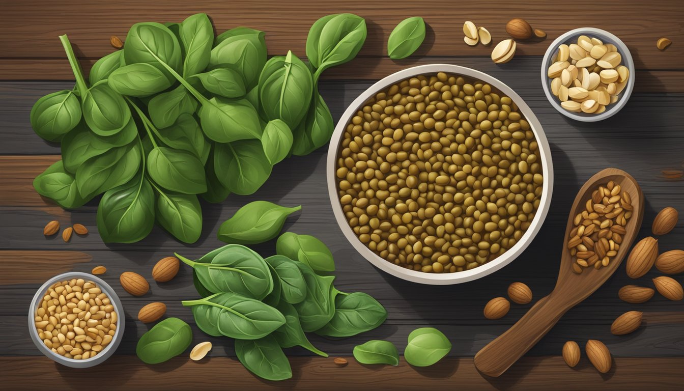 A bowl of lentils surrounded by spinach, beans, and nuts, all rich in iron, on a wooden table