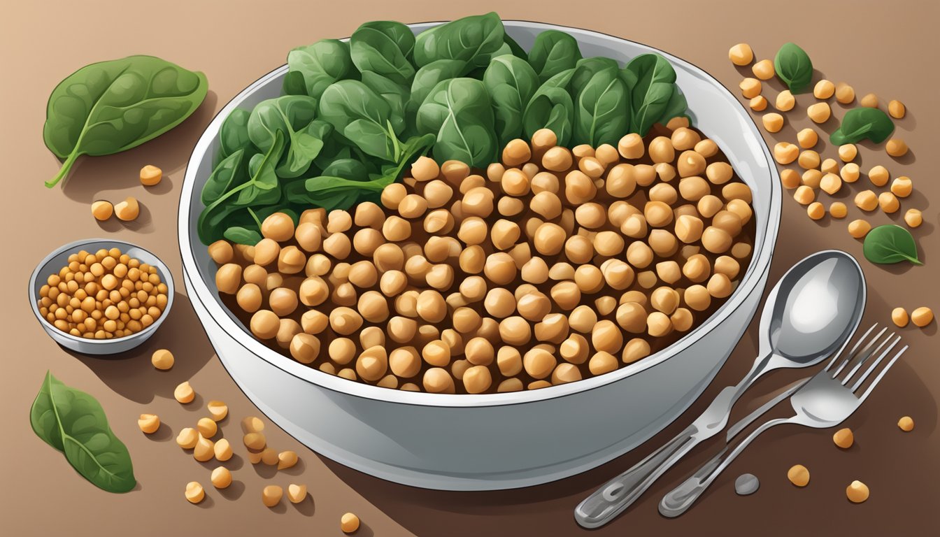 A bowl of chickpeas surrounded by spinach, lentils, and red meat