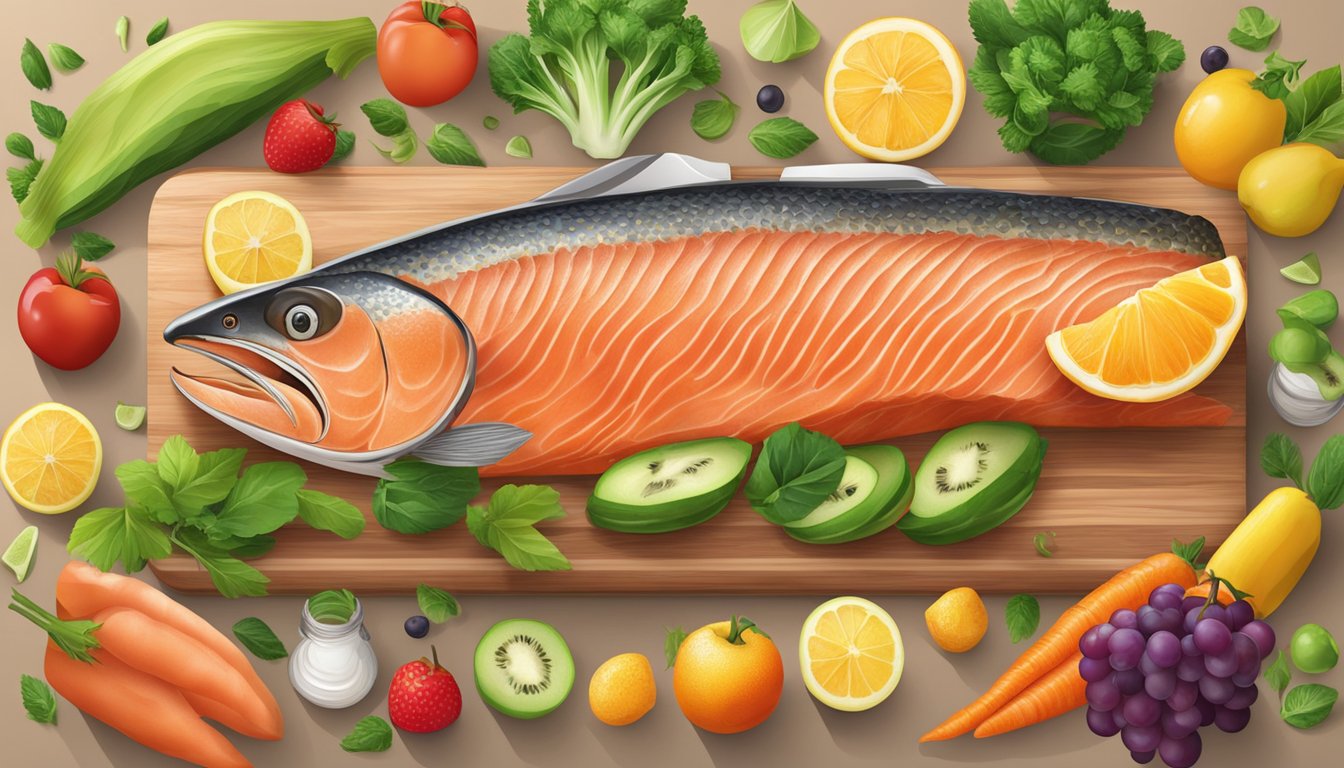 A salmon fillet surrounded by colorful fruits and vegetables on a wooden cutting board