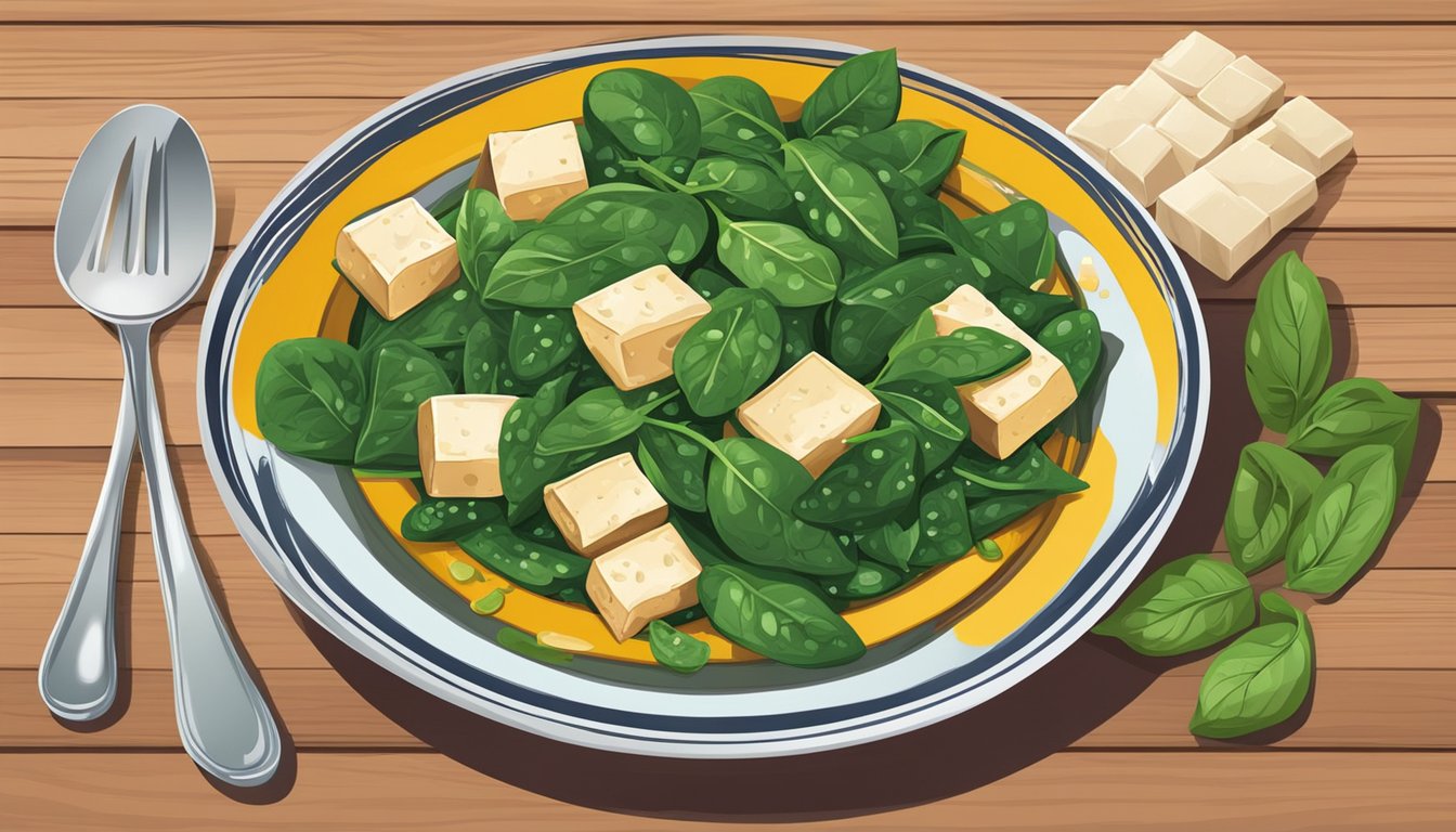 A colorful plate of tofu, spinach, and beans on a wooden table