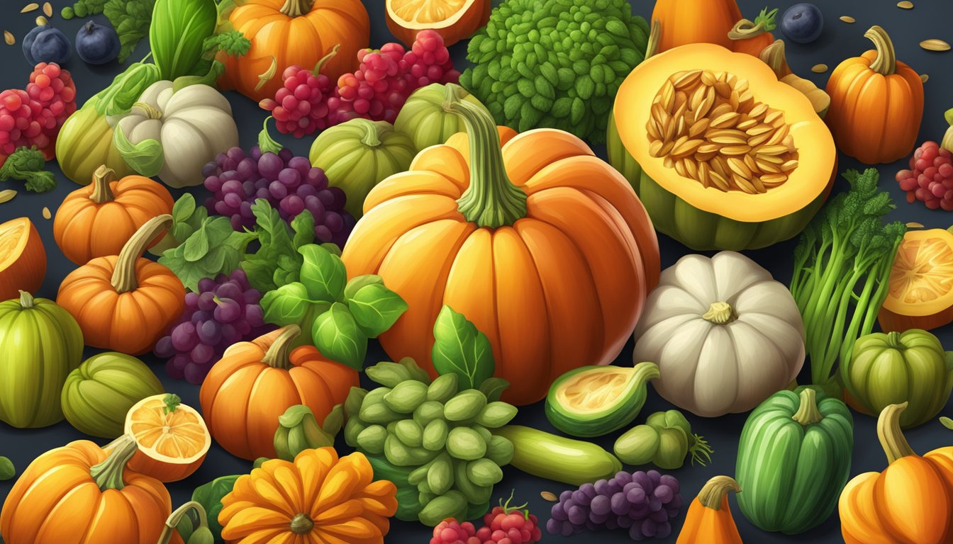 A pile of pumpkin seeds surrounded by vibrant fruits and vegetables, with a glowing energy radiating from the center