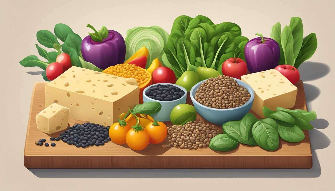 A colorful array of tofu, spinach, lentils, and beans arranged on a wooden cutting board, surrounded by vibrant fruits and vegetables