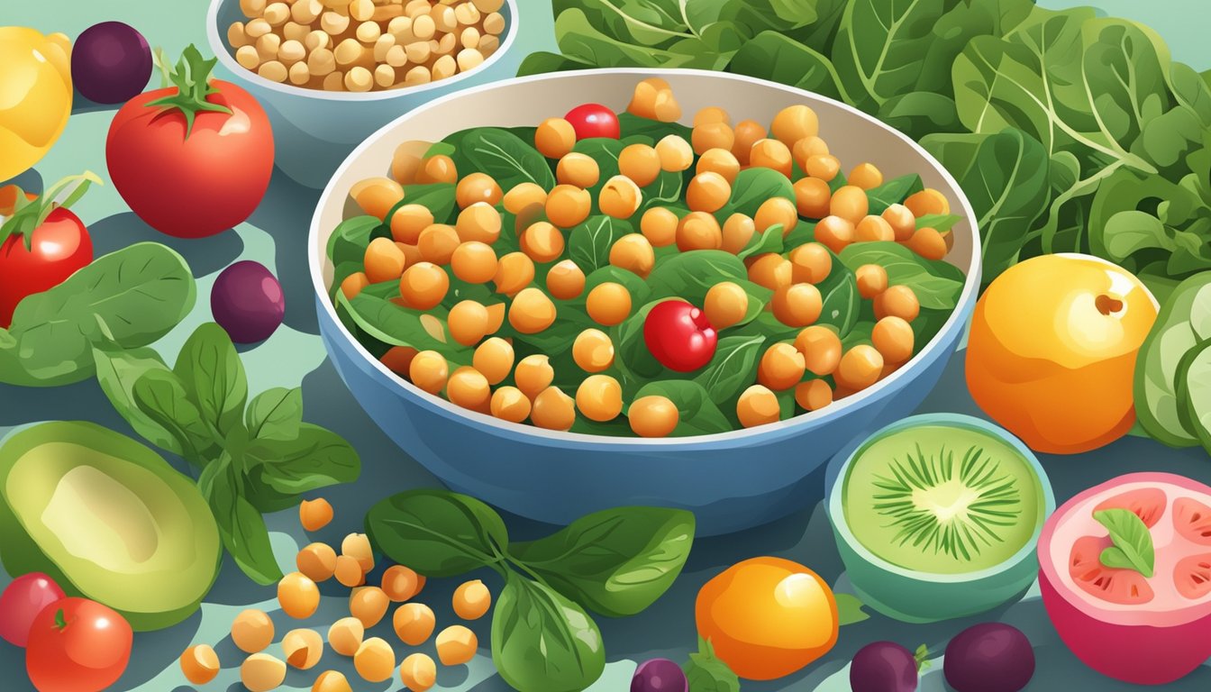 A colorful bowl of cooked chickpeas surrounded by fresh spinach leaves and a variety of vibrant fruits and vegetables, evoking a sense of energy and health