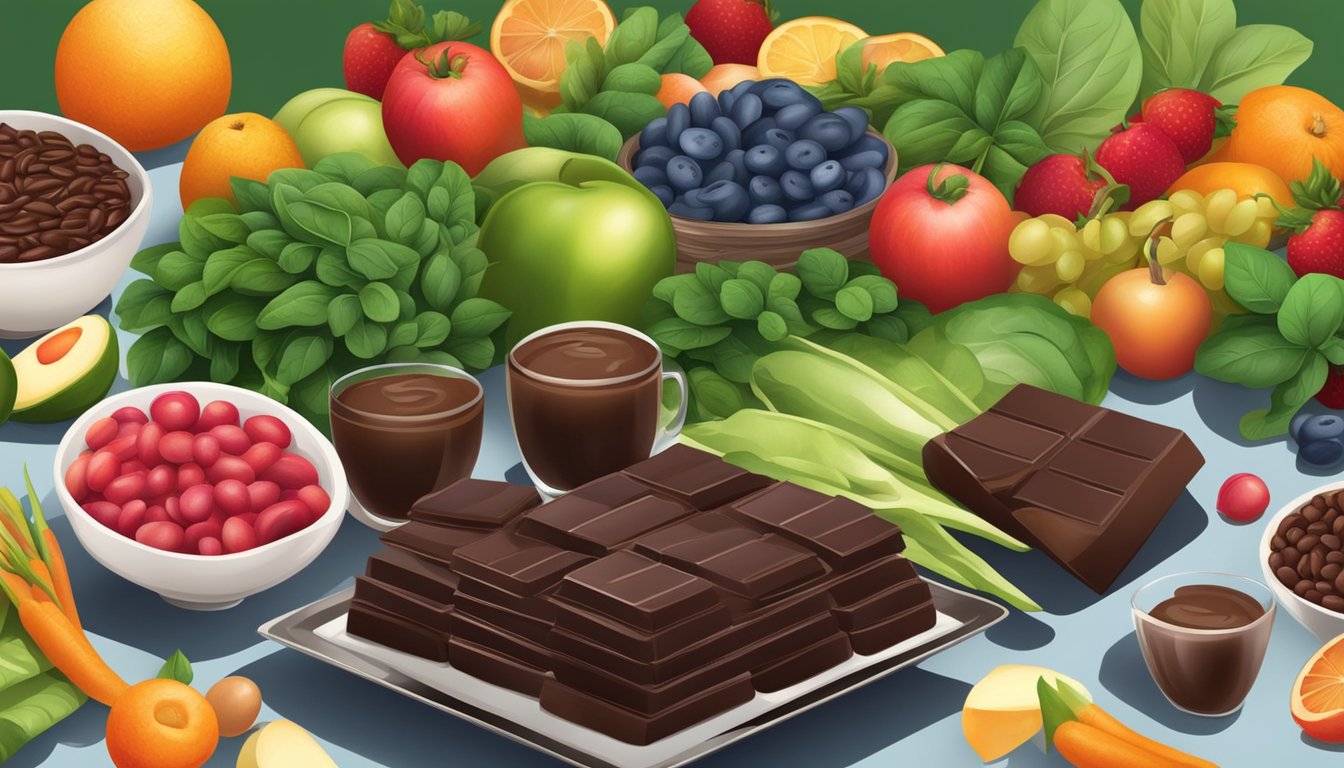 A table set with dark chocolate, spinach, and beans, surrounded by vibrant fruits and vegetables, with a glowing aura of energy and health