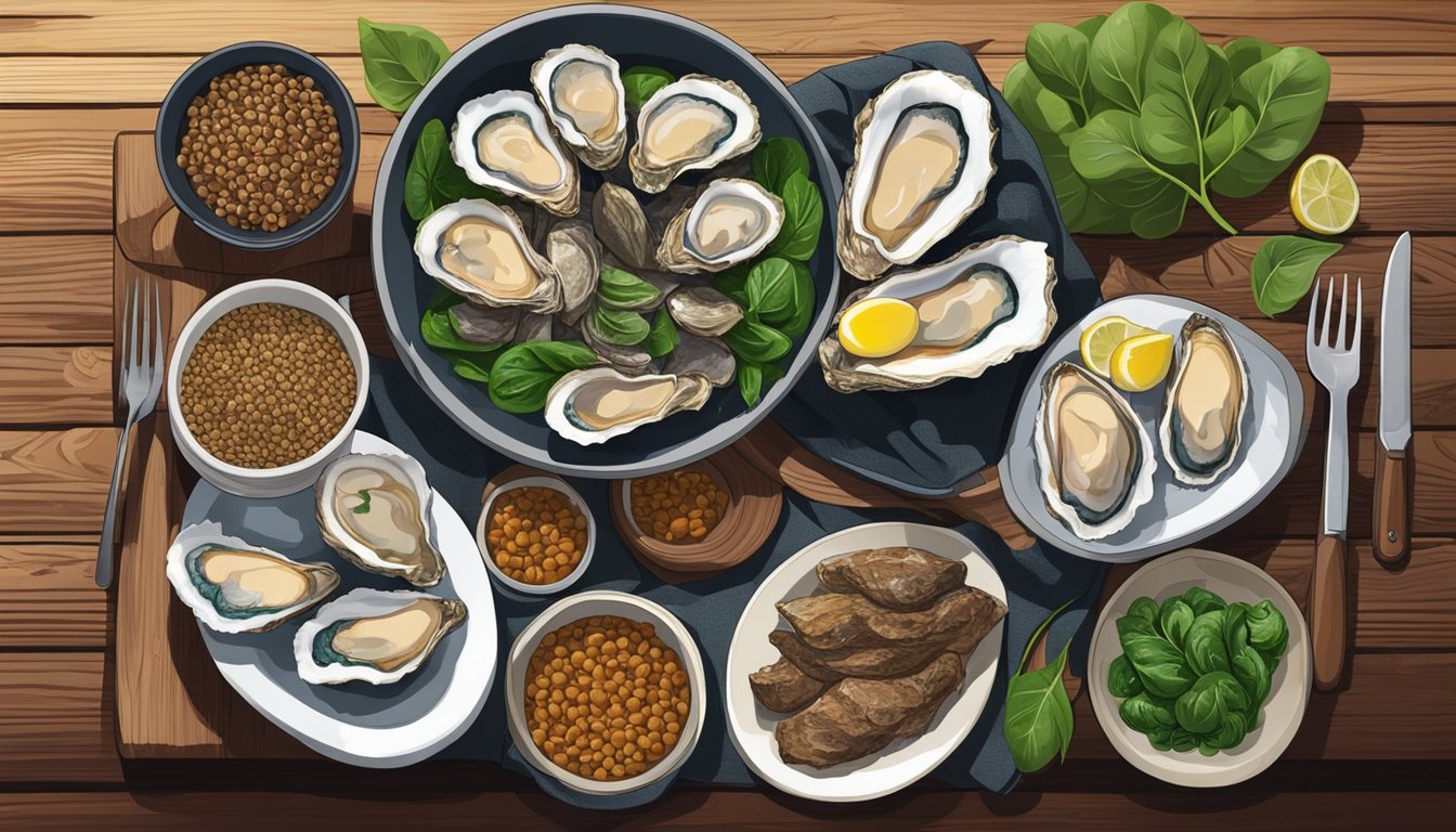 A plate of fresh oysters surrounded by iron-rich foods like spinach, lentils, and red meat, all arranged on a rustic wooden table